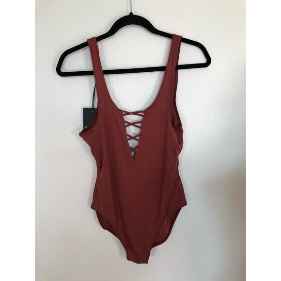 Chaser Rust Red Colored Criss-Cross One Piece Swim Suit - M - Picture 2 of 4